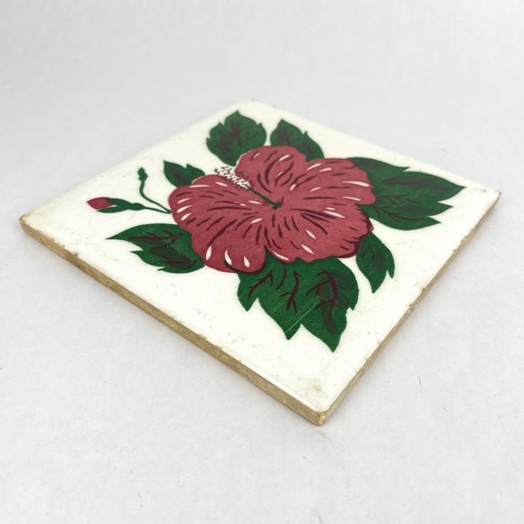 Vintage Wheeling Cushion Hand Painted Hibiscus 6" Square Tile Trivet - Picture 3 of 12